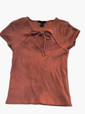 Forever 21 Cropped Top Size M Orange Ribbed Tie Front Medium